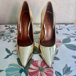 Schutz Gilberta Gold Metallic Stiletto Pumps NEW Sz. 9.5